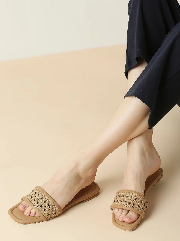 Women Beige Textured Open Toe Flats