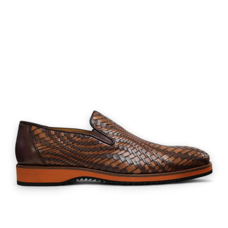 Ambrogio by Mezlan Men's Shoes Brown & Cognac Woven Leather Sport Loafers (AMZ1016)