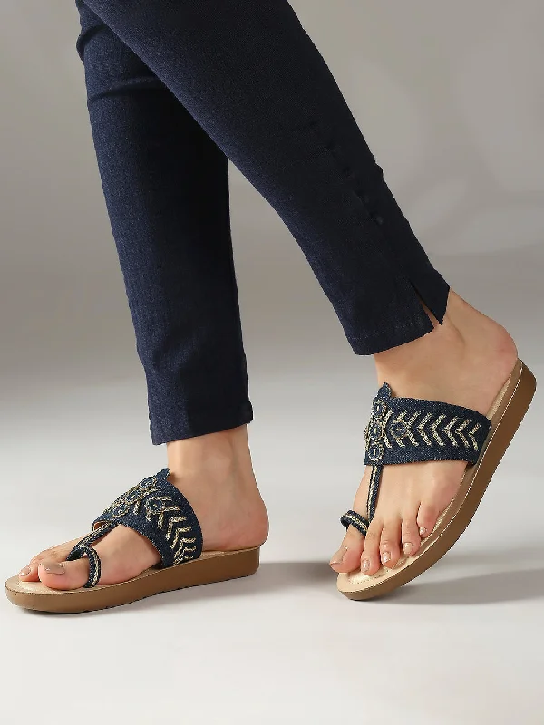 Women Navy Denim And Gold-Toned One Toe Flats