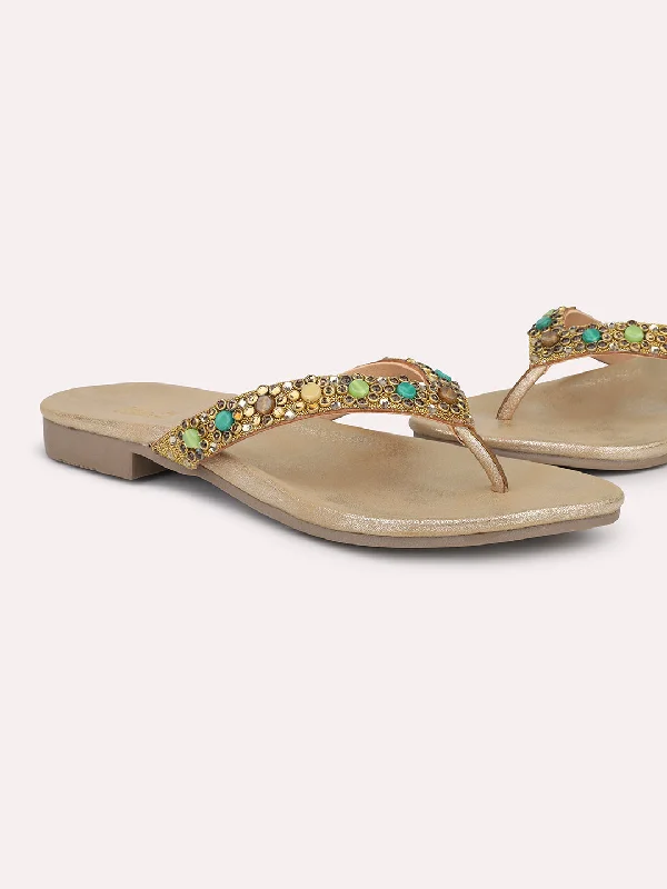 Women Antique Ethnic Embellished Open Toe Flats