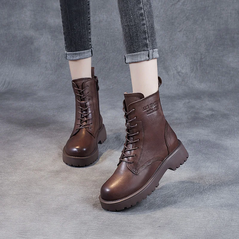 Women Classic Vintage Solid Leather Boots