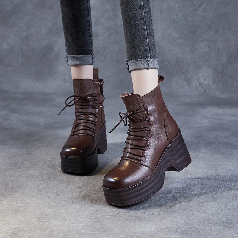 Women Vintage Solid Leather Chunky Platform Boots