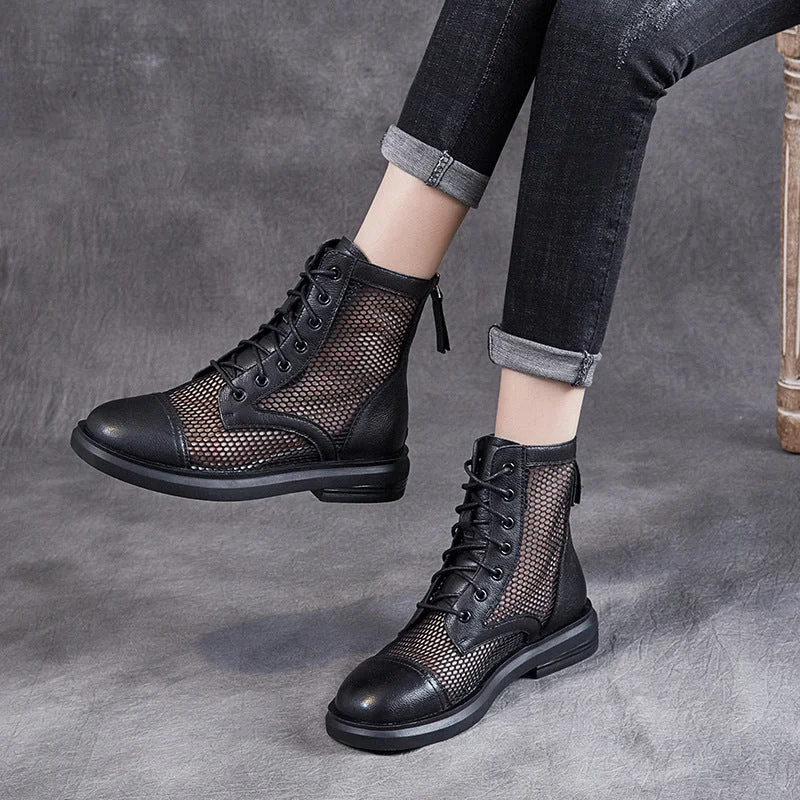 Women Casual Hollow Mesh Leather Summer Boots