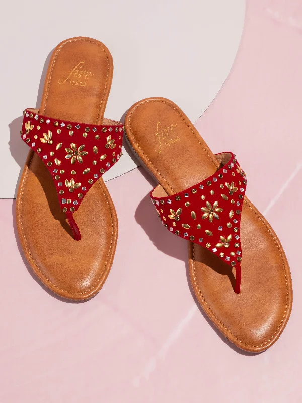 Women Red And Gold-Toned Studded Open Toe Flats