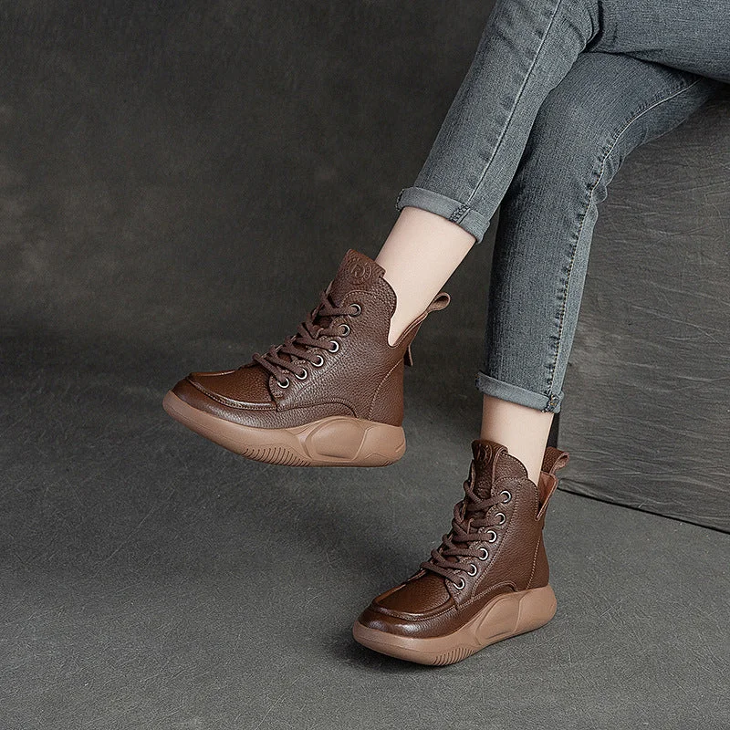 Women Retro Casual Solid Cowhide Boots