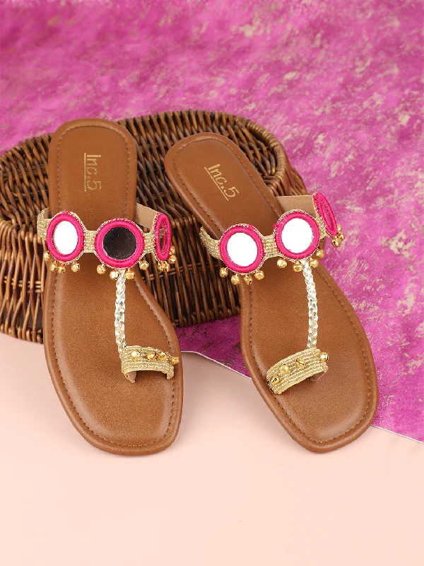 Women Pink & Gold-Toned Ghungroo Embellished Open Toe Flats