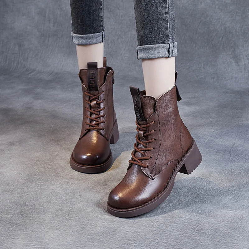 Women Vintage Soft Leather Low Block Boots