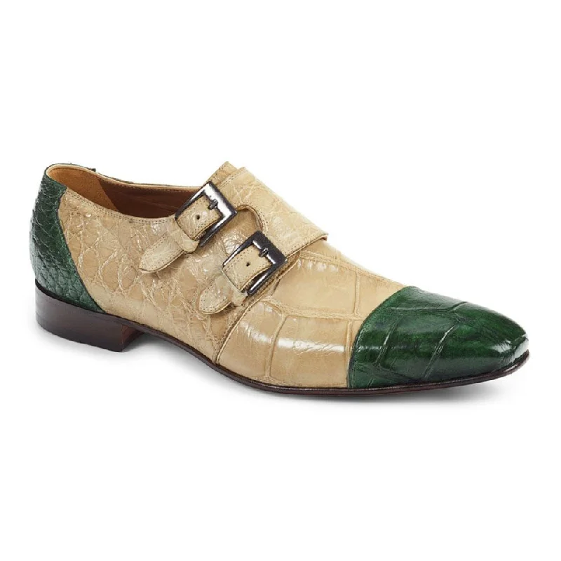 Mauri Men's Bone/Hunter Green Exotic Body Alligator Monkstrap Loafers 1152 (MA4407)