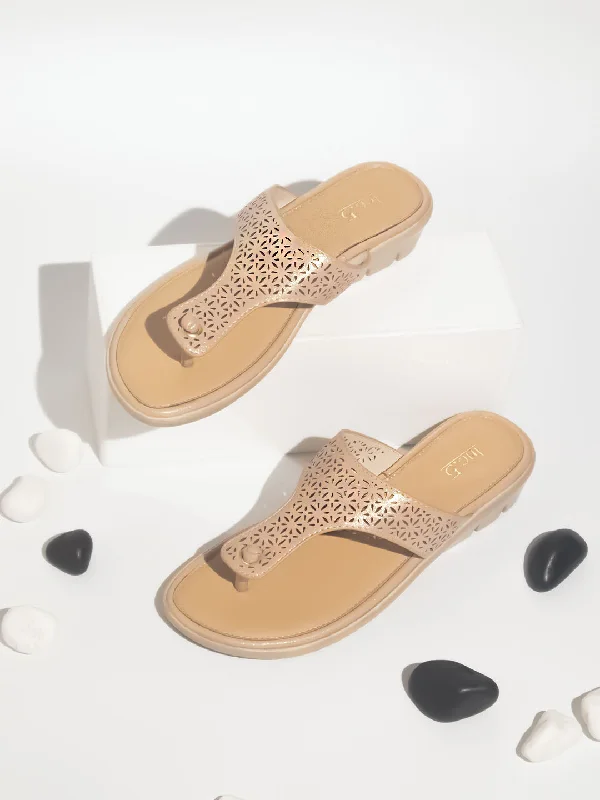 Women Rose Gold Textured T-Strap Flats with Laser Cuts