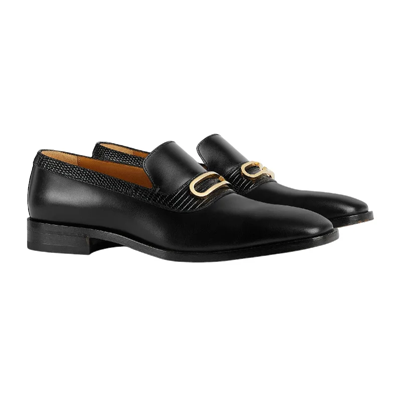 Gucci 750304 AACBM 1000 Men's Shoes Black Horse Calf-Skin Leather / Lizard Geometric G Slip-On Loafers (GGM1742)