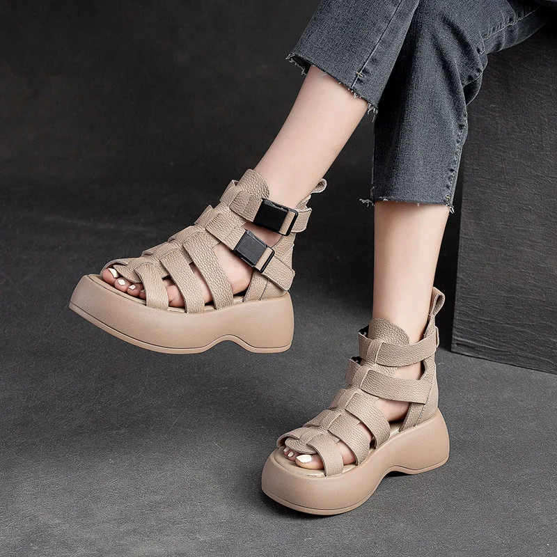 Women Summer Plaited Leather Chunky Platform Boots