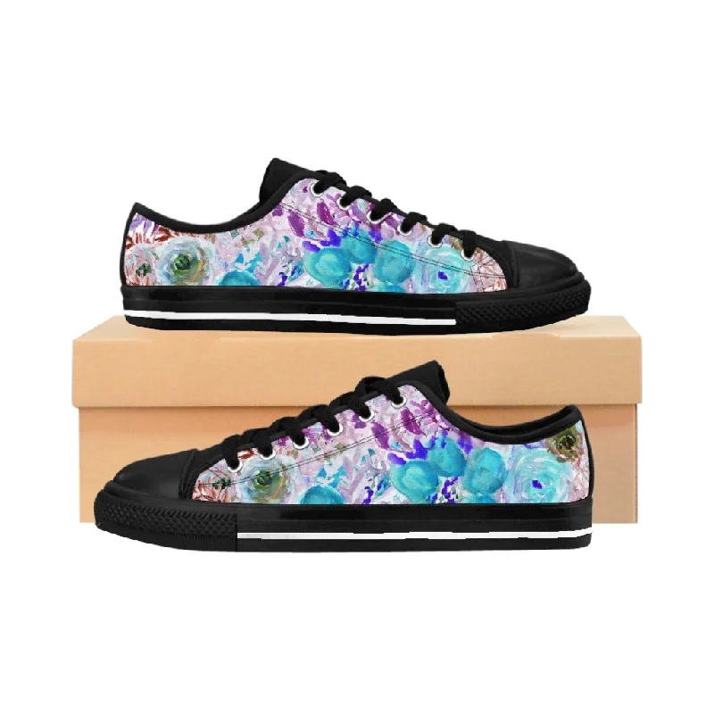 Blue Floral Print Men's Sneakers, Purple Flower Print Low Top Best Fashion Sneakers For Men