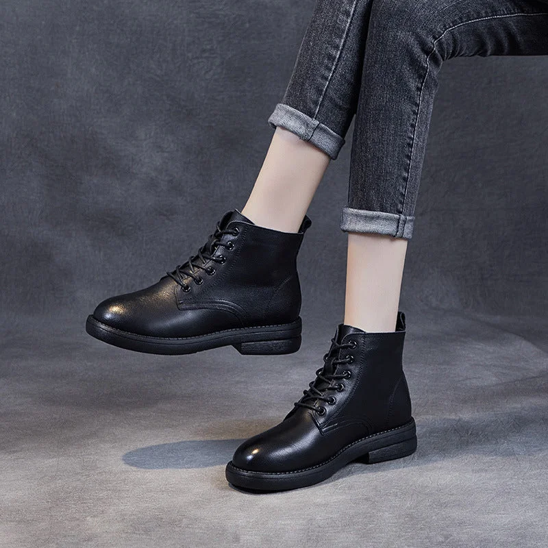 Women Solid Casual Leather Flat Boots