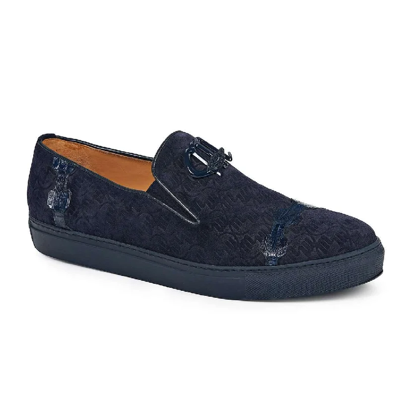 Mauri Designer Shoes Exotic Skin Men's Olmo Wonder Blue Baby Croc & Embossed Suede Loafers 8581(MA4816)