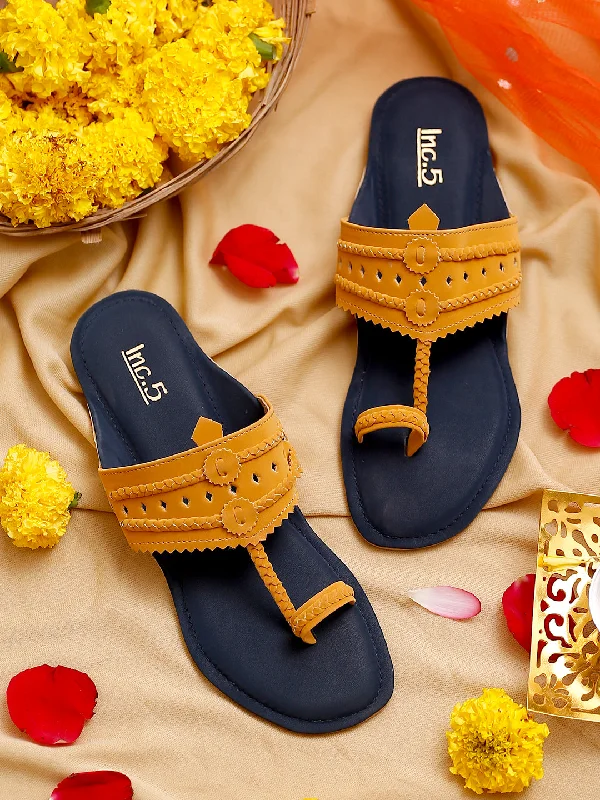 Women Yellow Embellished One Toe Flats