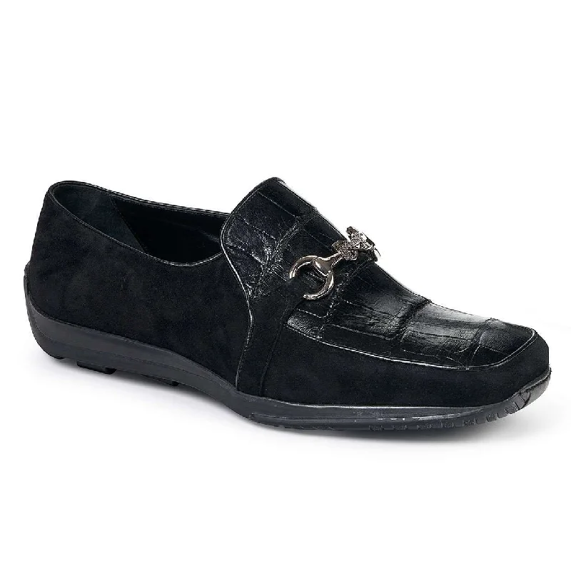 Mauri 9297 Men's Designer Shoes Exotic Skin Salice Black Suede & Alligator Body Loafers (MA4820)