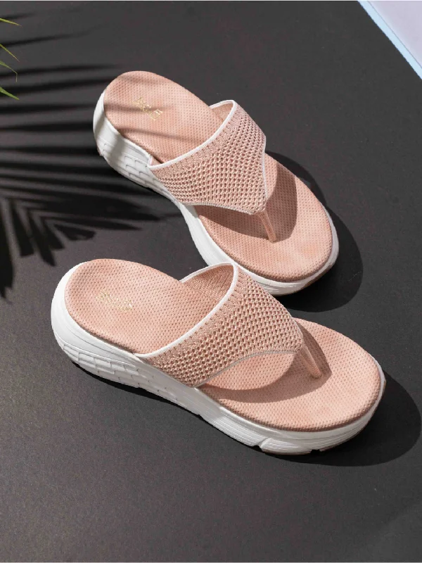 Womens Peach Casual V Strap Comfort Platform Flats