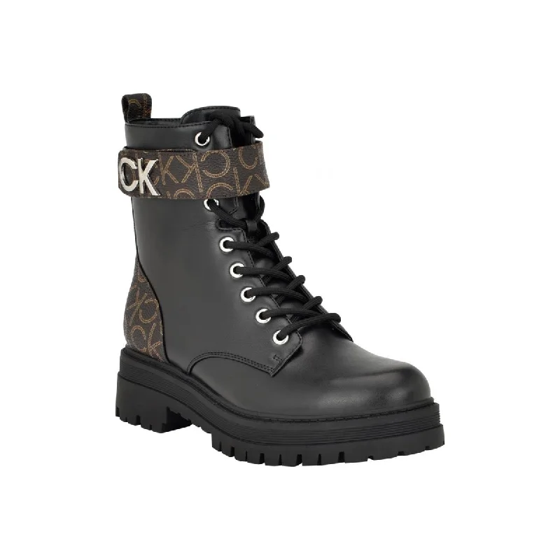 Calvin Klein Womens PRESCOT2 Faux Leather Combat & Lace-Up Boots