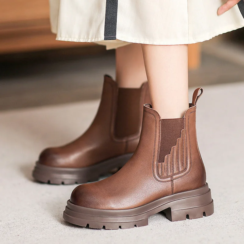 Women Retro Minimalist Soft Leather Thick Soled Boots