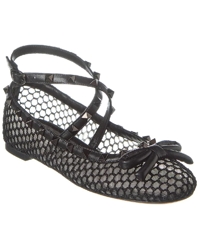 Valentino Rockstud Mesh & Leather Ballerina Flat