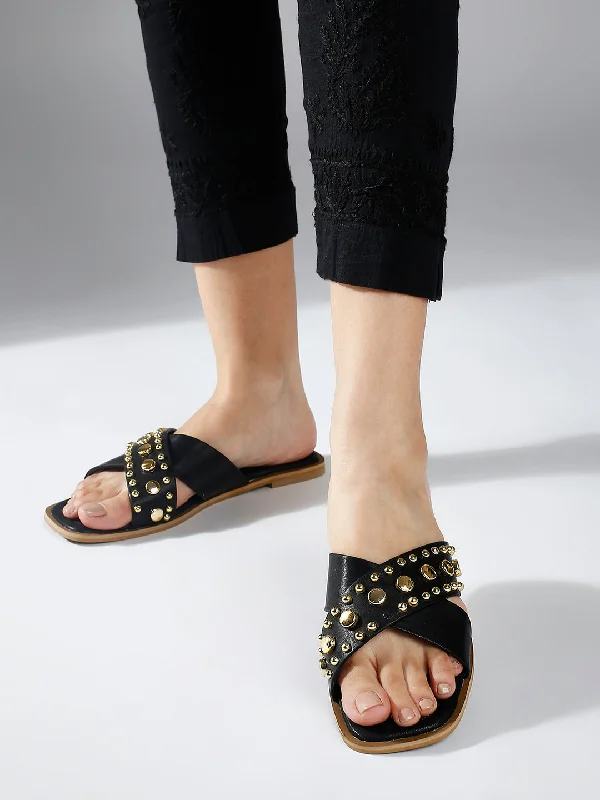 Women Black Studded Criss Cross Strap Open Toe Flats