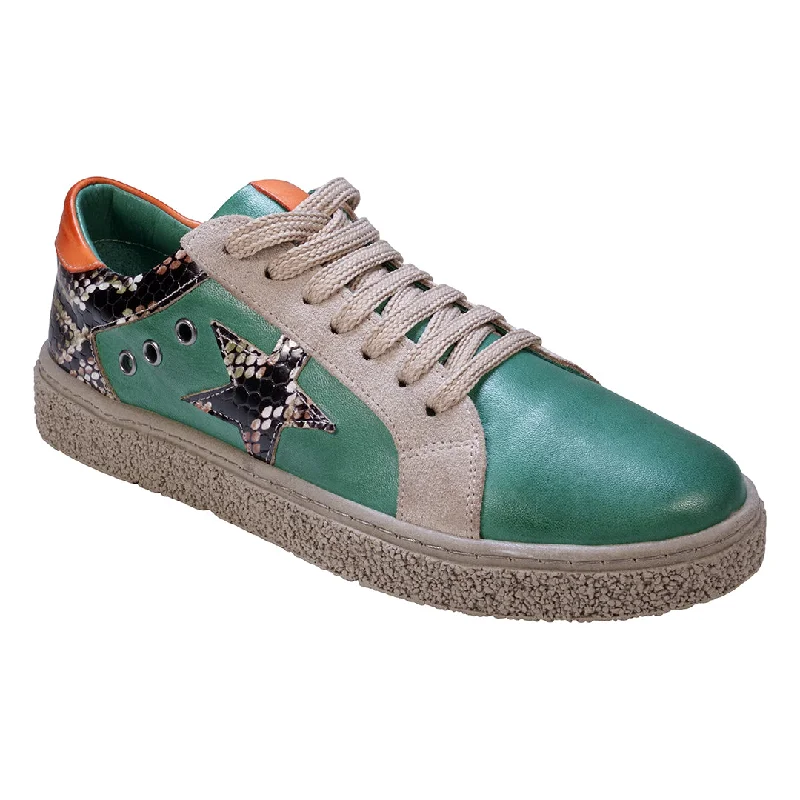 Charlee Green Snake Skin Two-Tone Star Motif Lace Up Sneakers