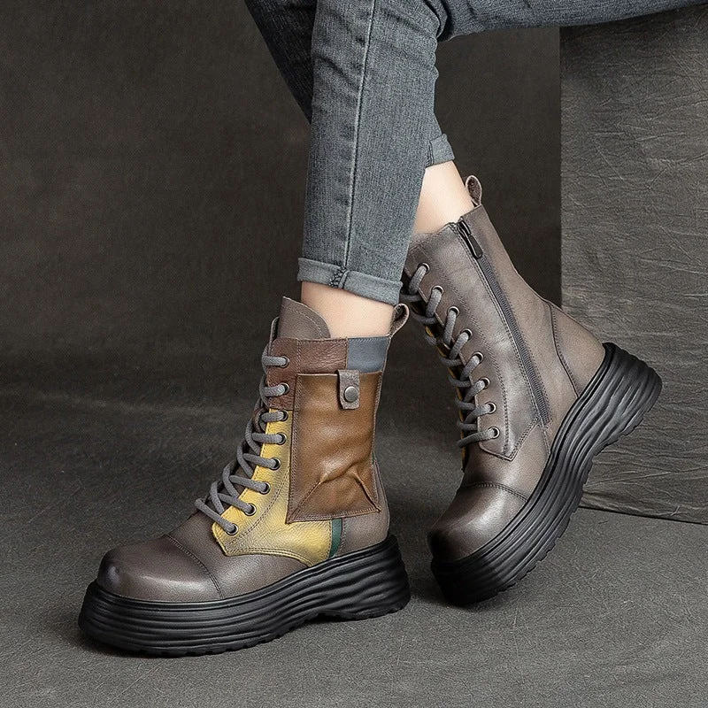 Women Retro Patchwork Leather Platform Combat Boots