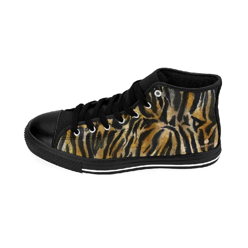 Brown Tiger Men's High-top Sneakers, Striped Animal Print Men's Designer Tennis Running Shoes