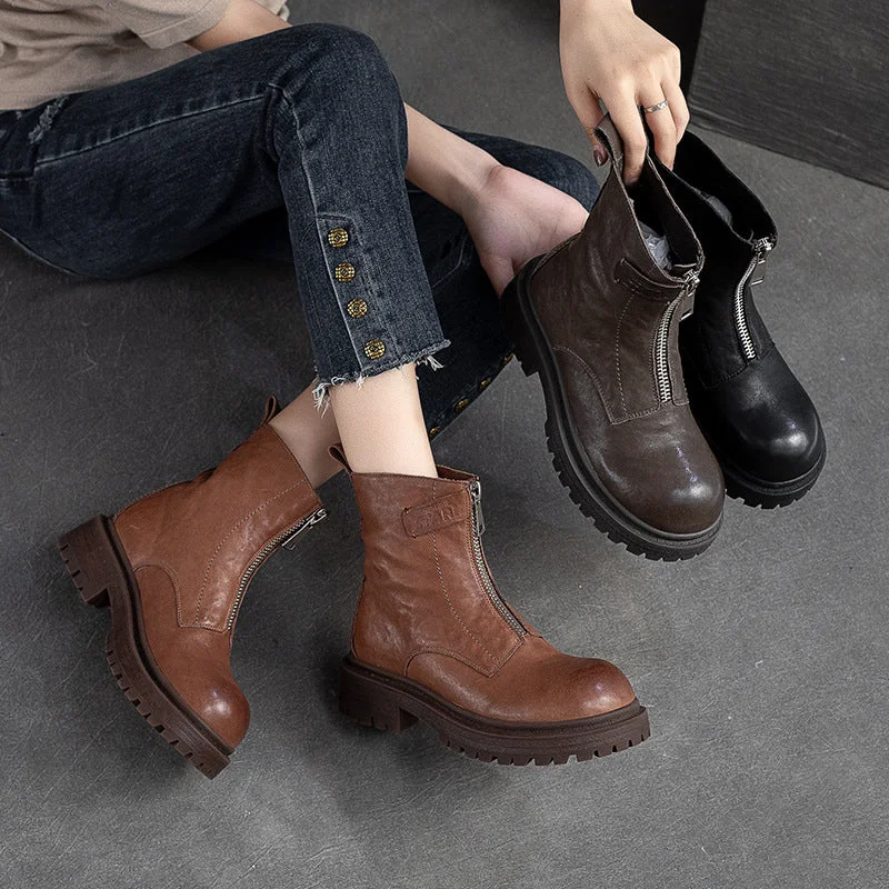 Women Retro Casual Font Zipper Leather Boots