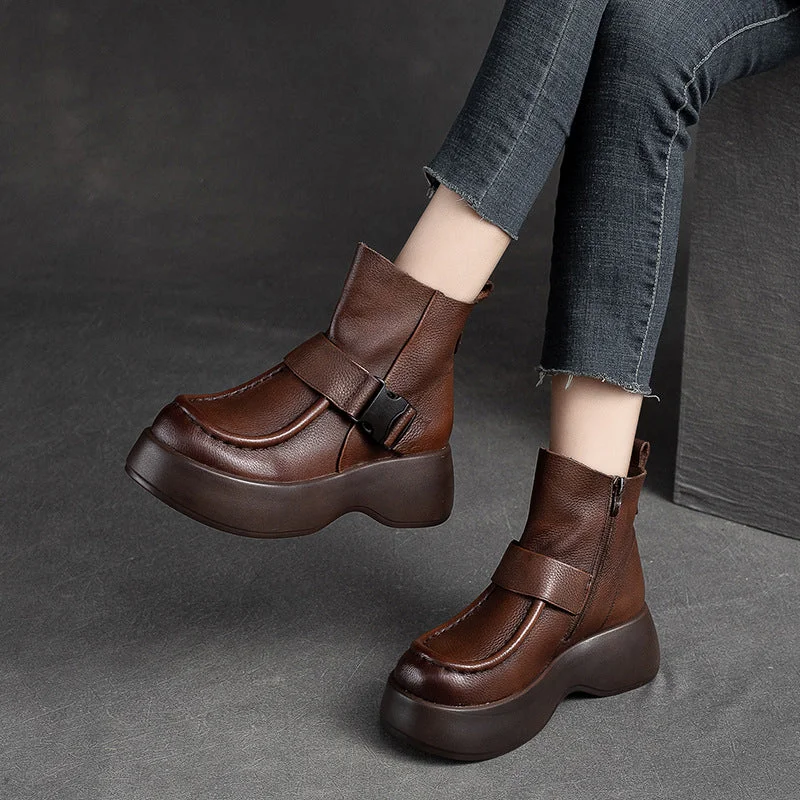 Women Retro Minimalist Leather Platform Boots