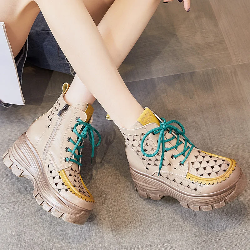 Women Summer Hollow Leather Platform Boots