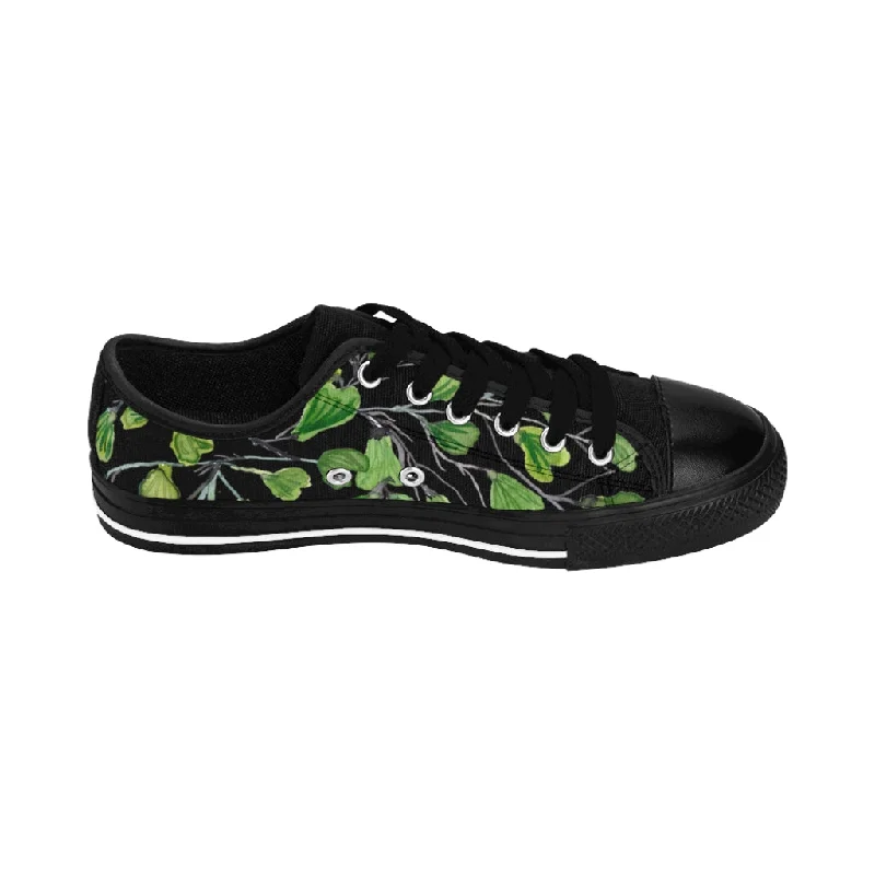 Black Green Maidenhair Men's Sneakers, Best Tropical Leaf Print Men's Low Top Tennis Shoes