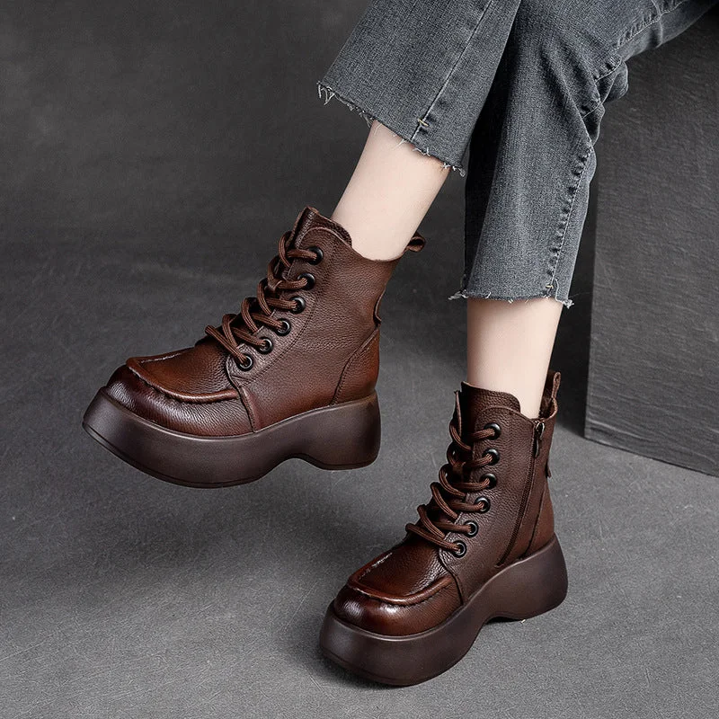 Women Retro Solid Leather Platform Boots