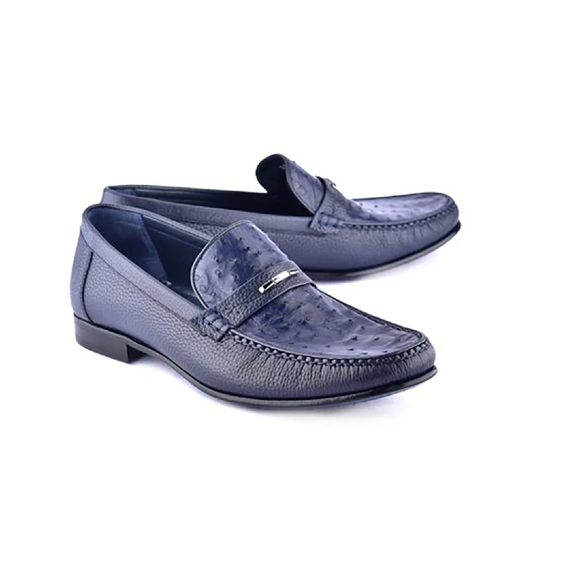 Corrente C0014051-3898Ost Men's Shoes Navy Exotic Ostrich / Deer-Skin Moccasin Loafers (CRT1473)