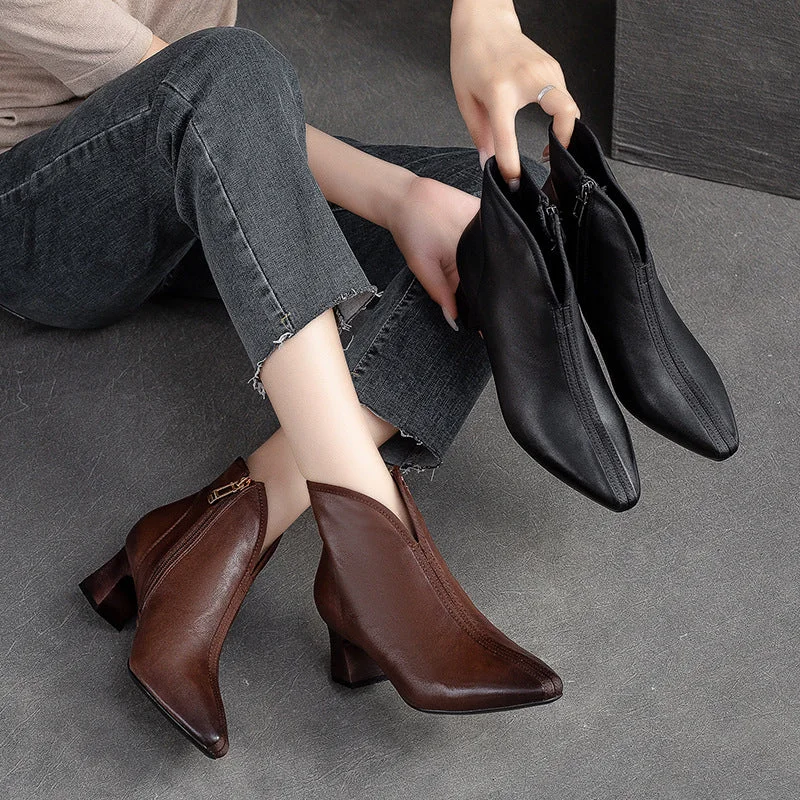 Women Retro Minimalist Leather Chunky Heel Boots