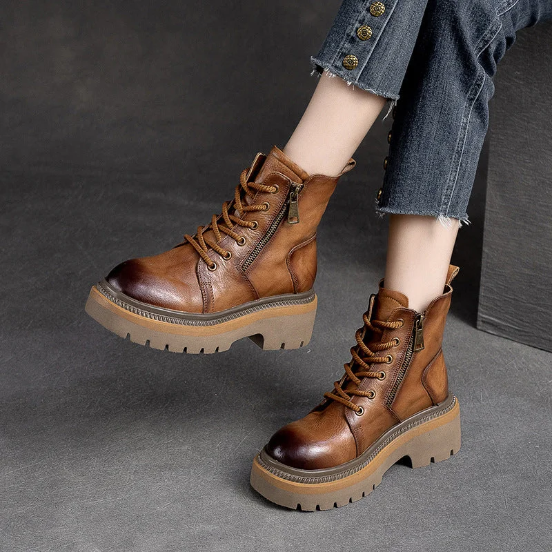 Women Retro Patchwork Leather Platform Boots