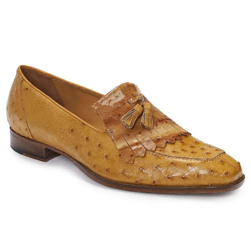 Mauri Designer Shoes Exotic Skin Men's Ostrich & Ostrich Patent Camel Loafers 4881 (MA4914)