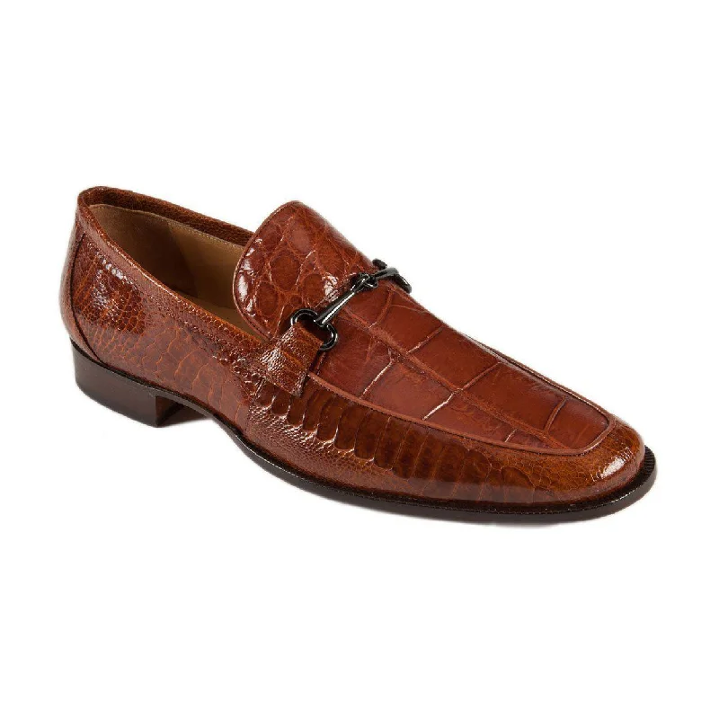 Mauri Men's Designer Shoes Dark Cognac Exotic Ostrich Leg / Alligator Horsebit Loafers 4863-2 (MAO1025)