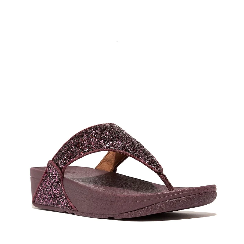 FitFlop Women's Lulu Glitter Toe-Post Sandals Wedge, Metallic Mauve Wine