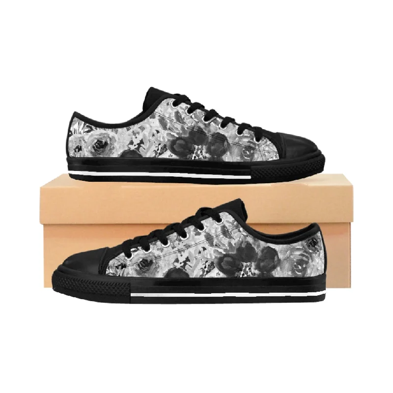 Grey Floral Print Men's Sneakers, White Flower Print Low Top Best Fashion Sneakers For Men