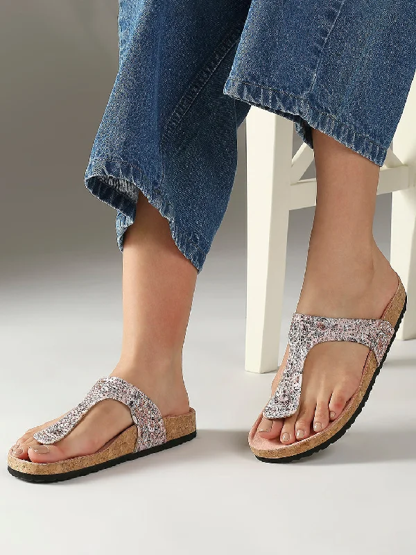 Women Peach Printed Cork Finish T-Strap Flats