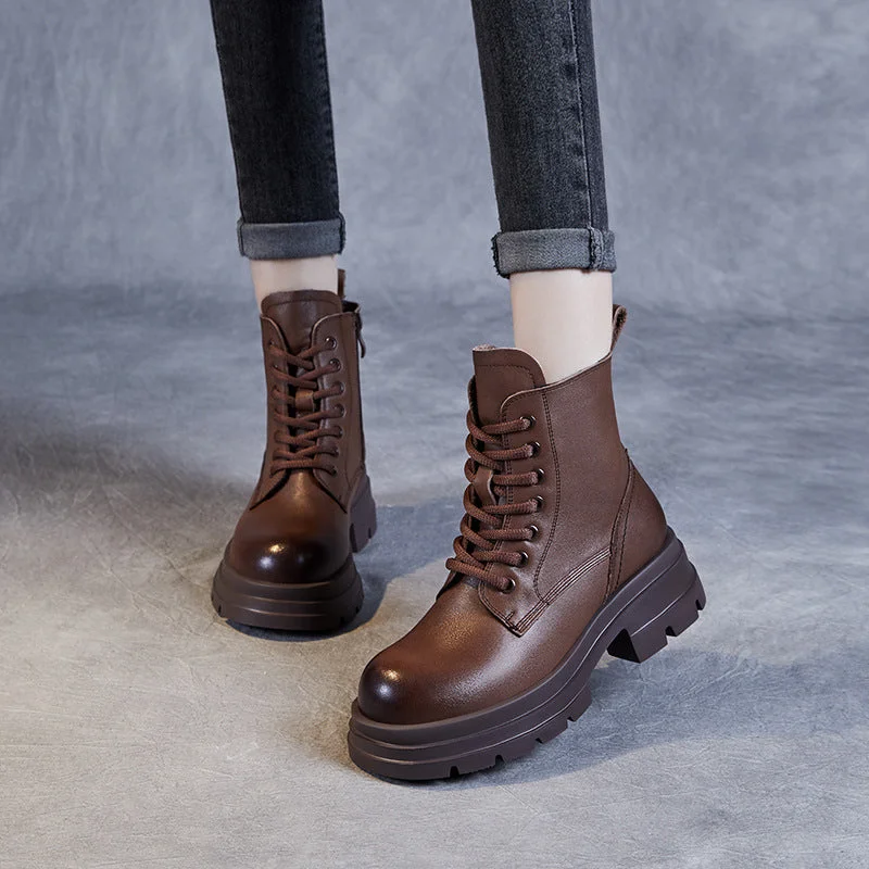 Women Minimalism Solid Leather Thick Soled Boots