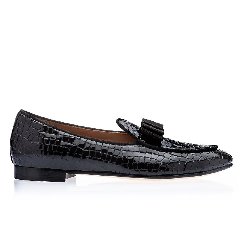 SUPERGLAMOUROUS Tangerine 3 Men's Shoes Black Crocodile Print Leather Belgian Loafers (SPGM1312)