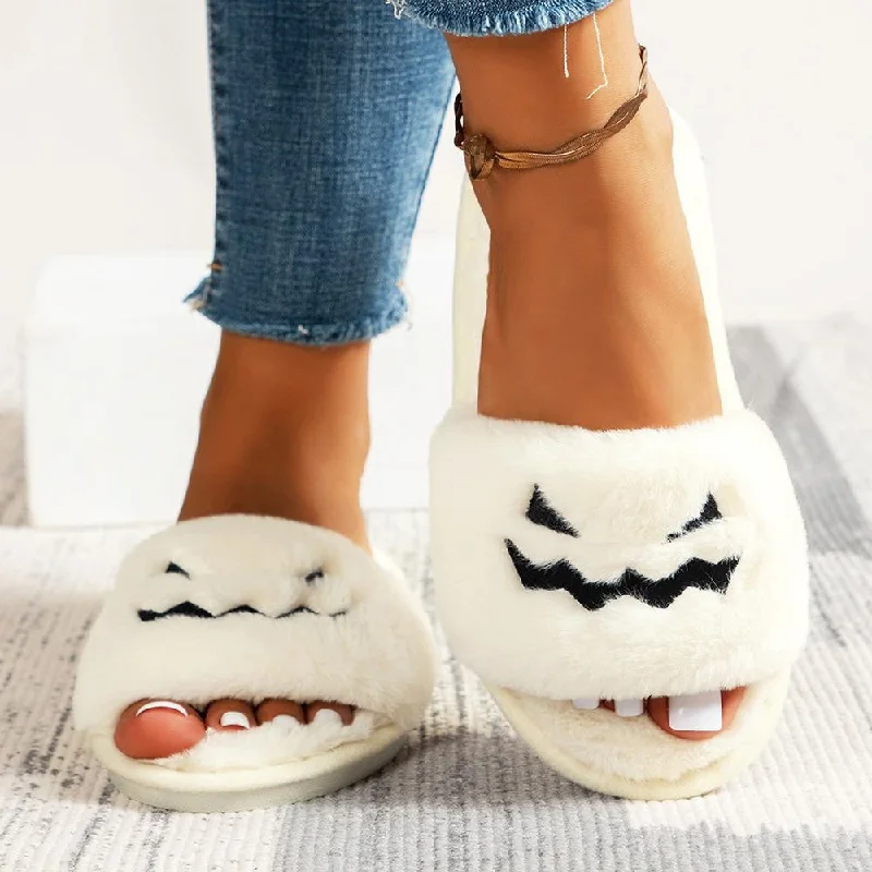 Faux Fur Open Toe Jack-O'- Lantern Face Slippers White