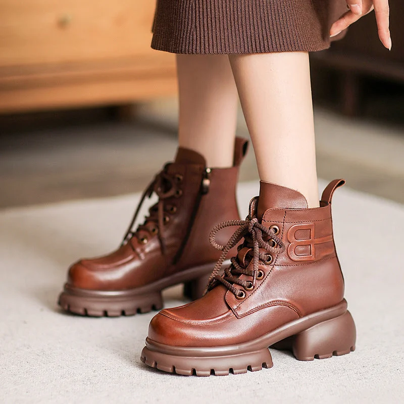 Women Retro Leather Chunky Platform Boots