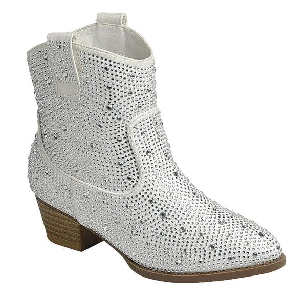 White Rhinestone Boots - Short Western