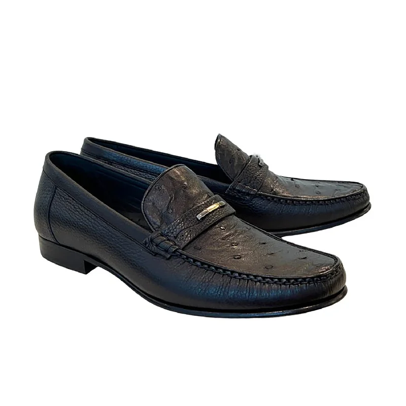 Corrente C0014051-3898Ost Men's Shoes Black Exotic Ostrich / Deer-Skin Moccasin Loafers (CRT1471)