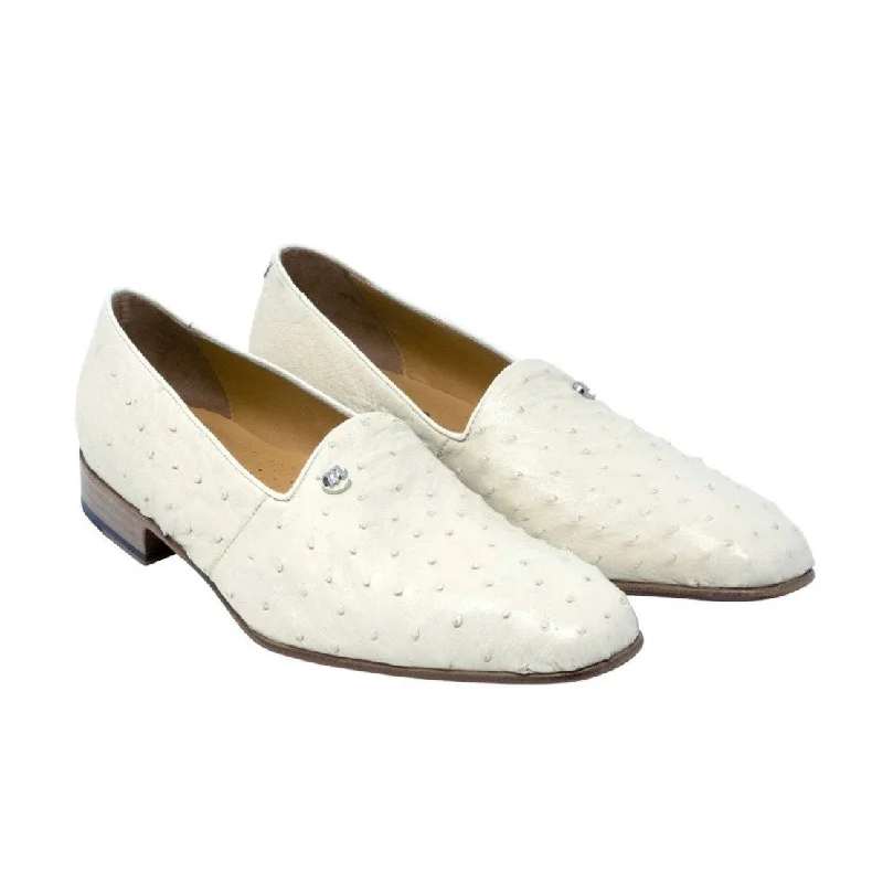 Mauri 3034 Sand-Stone Men's Designer Shoes Winter White Exotic Ostrich Slip-On Loafers (MA5102)