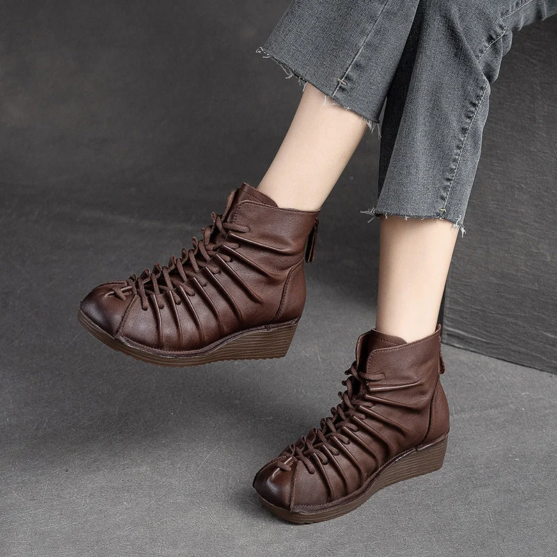 Women Retro Minimalist Leather Wedge Boots