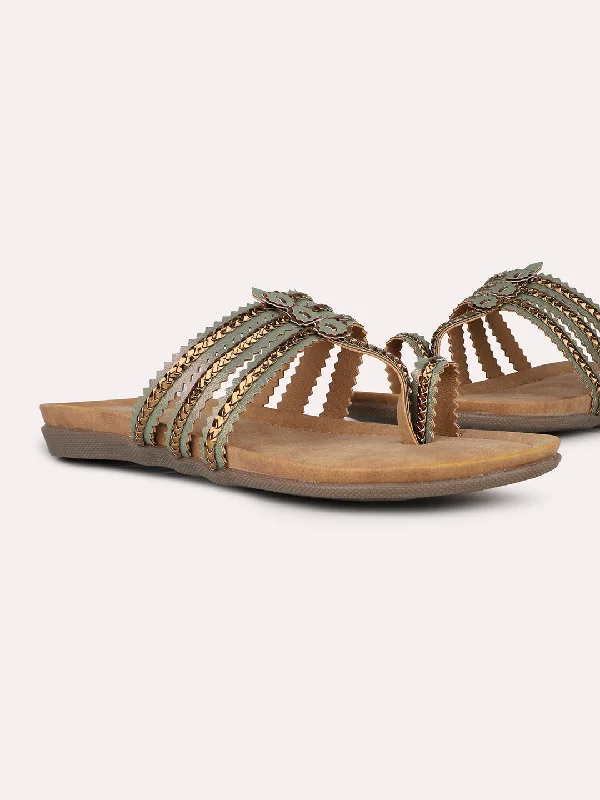 Womens Gold Casual Striped Round Toe Flats